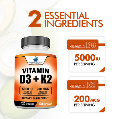 Vitamin D3 5000 IU (125mcg) plus Vitamin K2 (MK7) 200mcg - American Standard Supplements