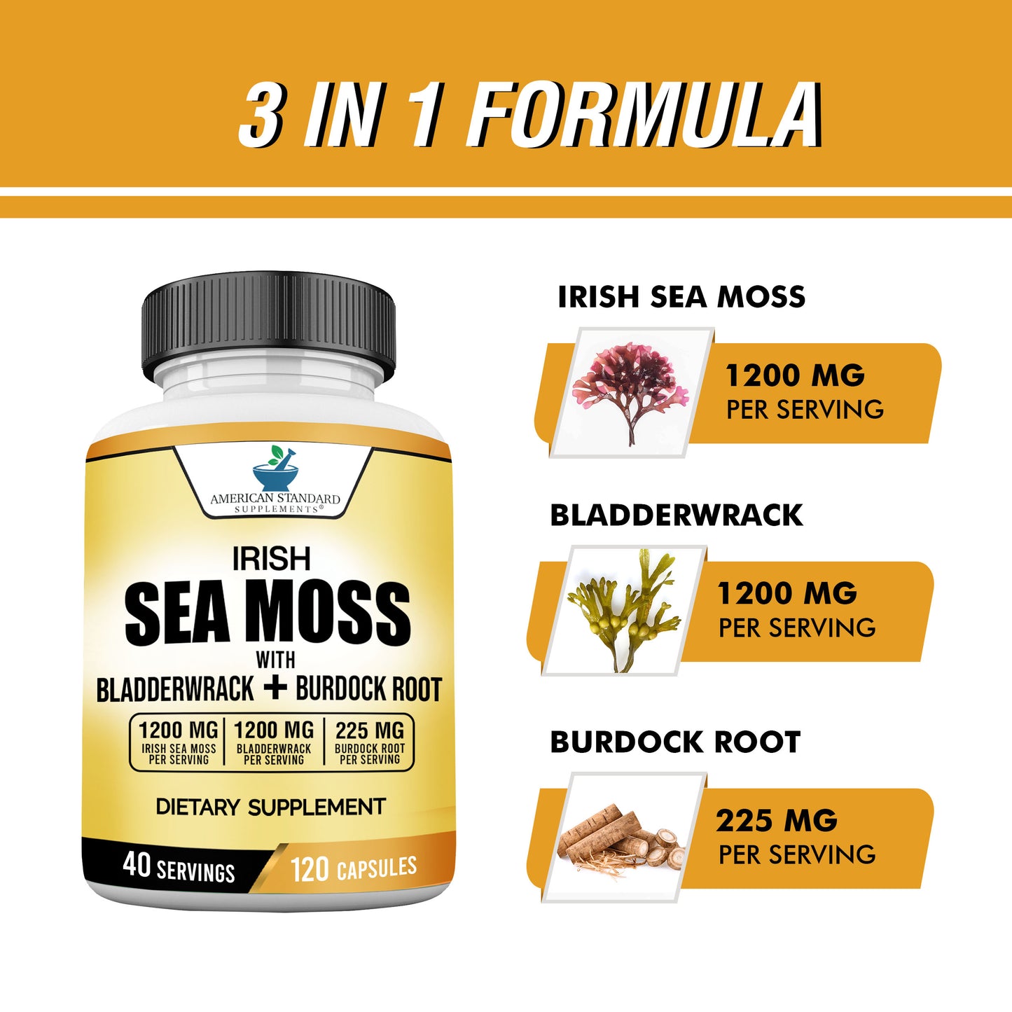 Irish Sea Moss 1200mg, Bladderwrack 1200mg and Burdock Root 225mg - 120 Capsules - American Standard Supplements