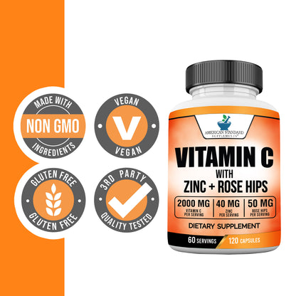 Vitamin C 2000mg, Zinc 40mg, Rose Hips 50mg Per Serving - American Standard Supplements