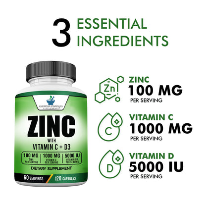 Zinc 100mg, Vitamin C 1000mg, Vitamin D3 5000IU Per Serving - American Standard Supplements