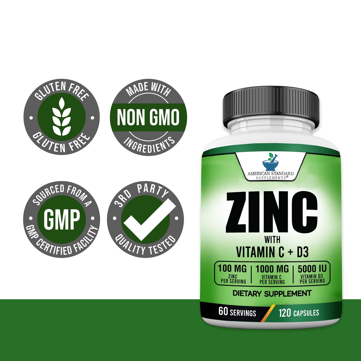 Zinc 100mg, Vitamin C 1000mg, Vitamin D3 5000IU Per Serving - American Standard Supplements
