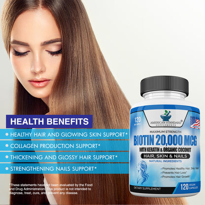 Biotin 20000mcg with Keratin, Organic Coconut and Zinc, Hair Growth Supplements, Biotin Supplements, Healthy Hair Skin & Nails for Adults, No Filler, No Stearate, 120 Vegan Capsules, 120 Day Supply - American Standard Supplements