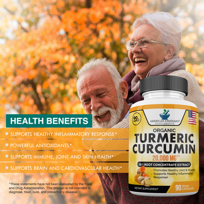 Organic Turmeric Root 20,000mg with Organic Ginger & Organic Black Pepper Extract 95% Piperine, Curcumin, Joint Pain Relief and Healthy Inflammatory Support, 90 Veggie Capsules, 3 Month Supply - American Standard Supplements