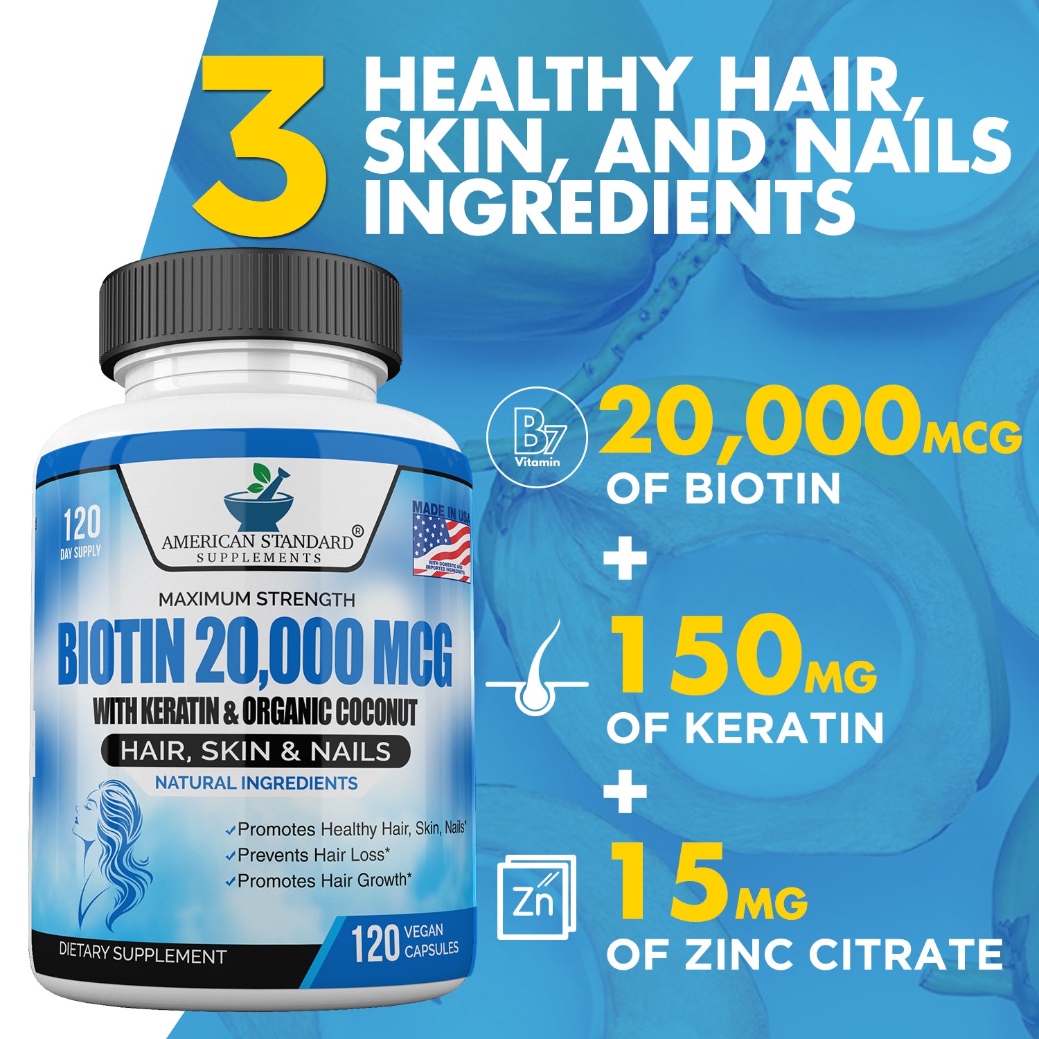 Biotin 20000mcg with Keratin, Organic Coconut and Zinc, Hair Growth Supplements, Biotin Supplements, Healthy Hair Skin & Nails for Adults, No Filler, No Stearate, 120 Vegan Capsules, 120 Day Supply - American Standard Supplements