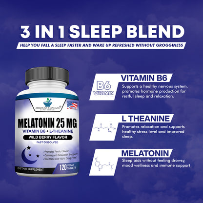 Melatonin 25mg with Vitamin B6 & L-Theanine - American Standard Supplements
