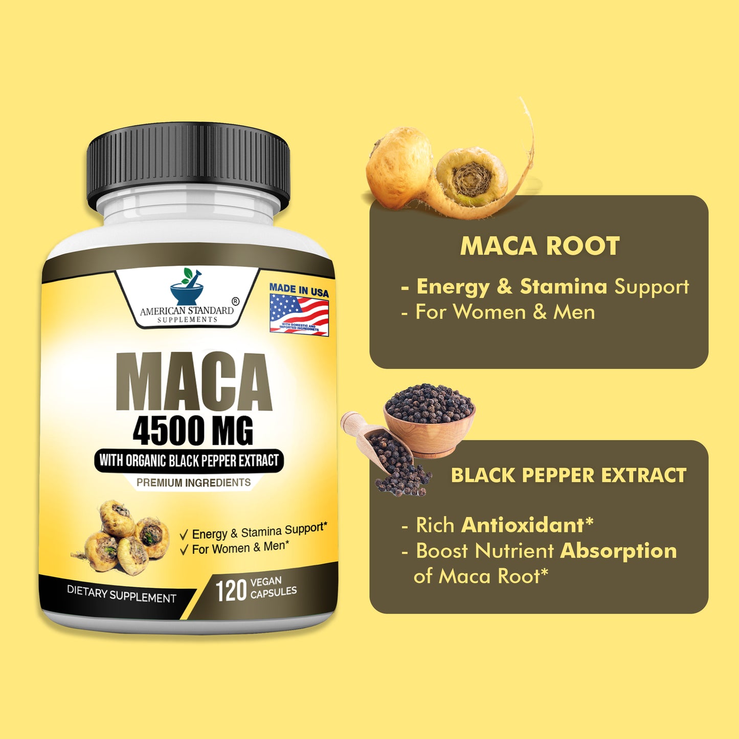 Organic Maca Capsules 4500mg & Organic Black Pepper Extract - American Standard Supplements